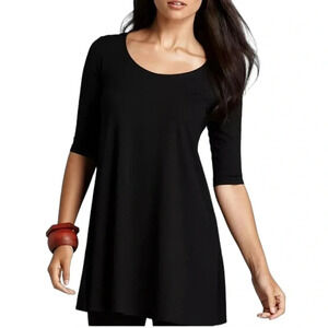 Eileen Fisher Tunic Shift Dress Black Stretch Jersey 3/4 Sleeve Knit Size XS